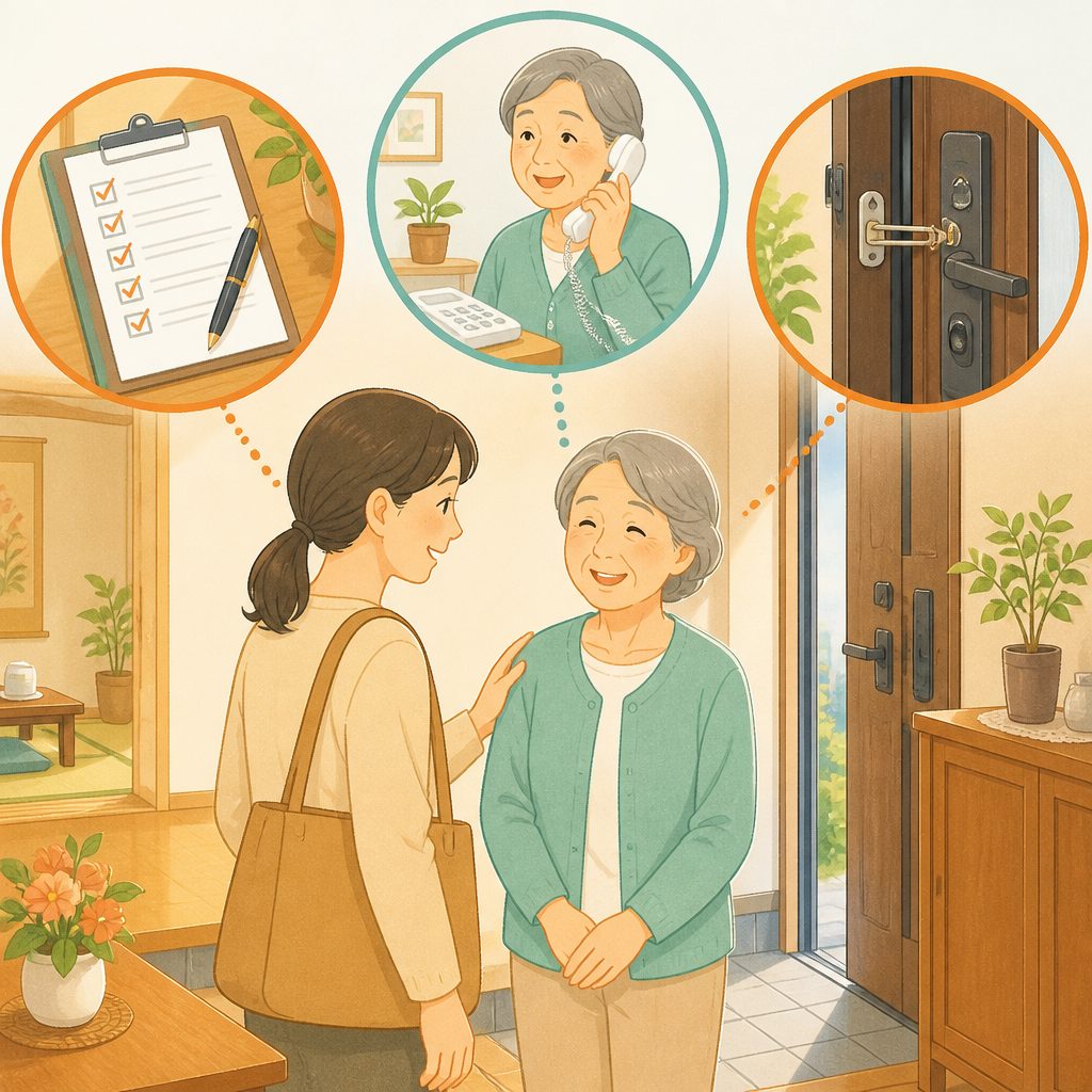 帰省時に親の見守りチェック|契約・電話・玄関の3点のイメージイラスト