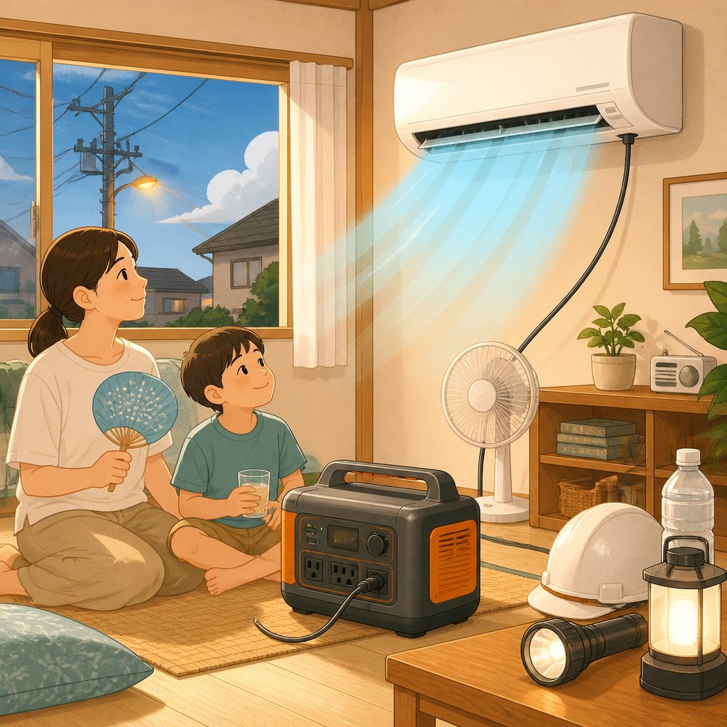 停電の夏、ポータブル電源でエアコンは動く?容量と定格出力の選び方のイメージイラスト