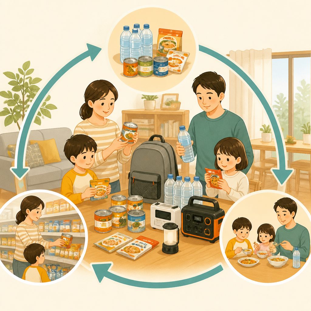 非常食の選び方|ローリングストックと家族の必要日数のイメージイラスト