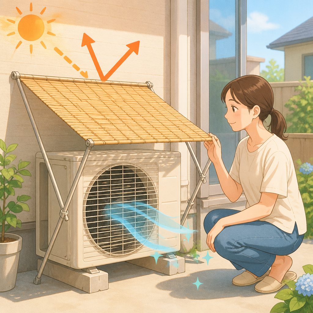 エアコン室外機の日よけは効く？夏の正しい使い方のイメージイラスト