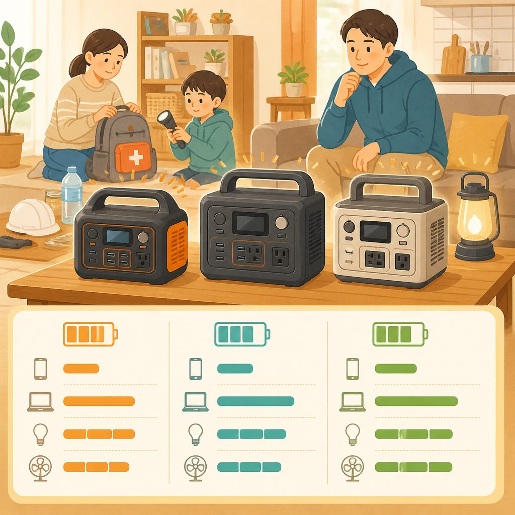 ポータブル電源3機種を公式値で比較|防災用はどれ?のイメージイラスト