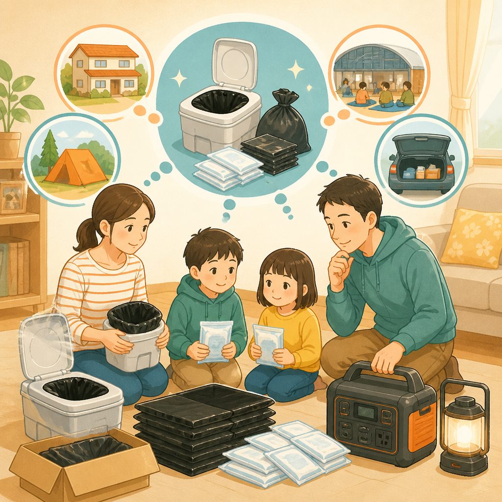 簡易トイレ100回分は足りる?家族の備蓄目安と選び方のイメージイラスト