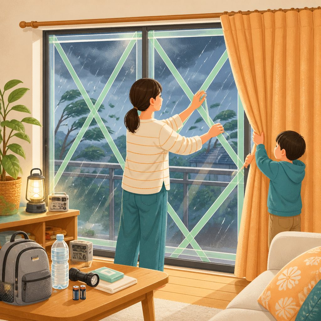 台風前の窓ガラス対策|養生テープとカーテンの正しい使い方のイメージイラスト