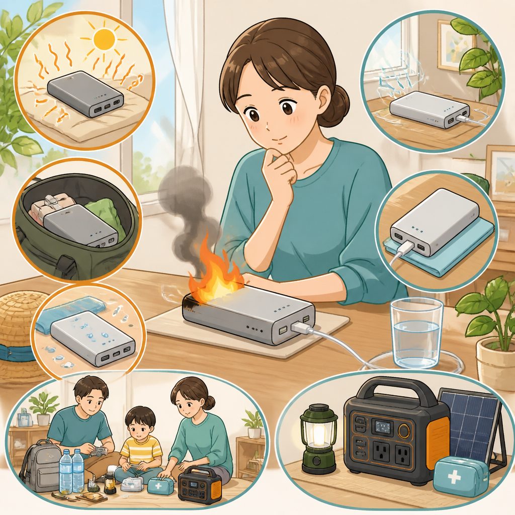 モバイルバッテリー発火に注意｜夏のNGな使い方と対処法のイメージイラスト