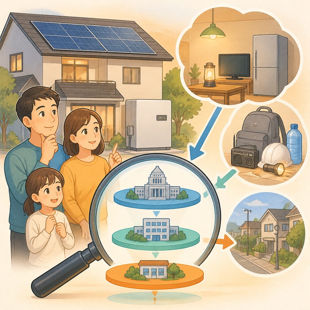 蓄電池の補助金の探し方|国は終了、自治体は3層でのイメージイラスト