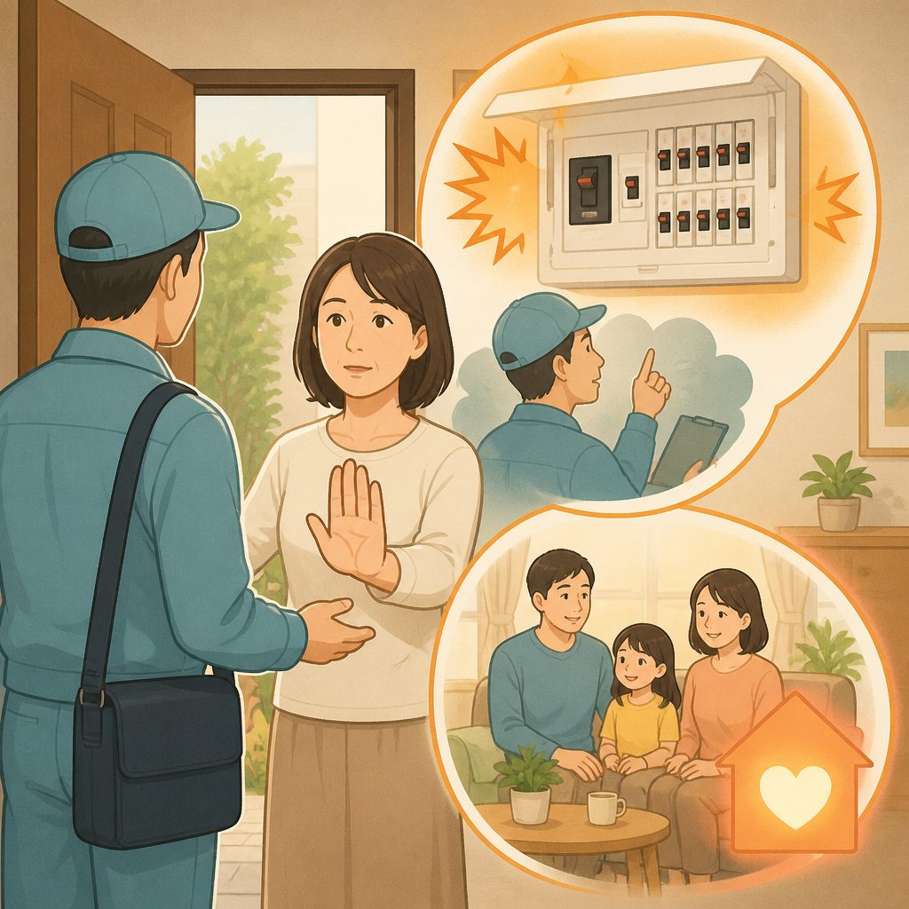 点検商法の手口と断り方|急増する分電盤の勧誘に注意のイメージイラスト