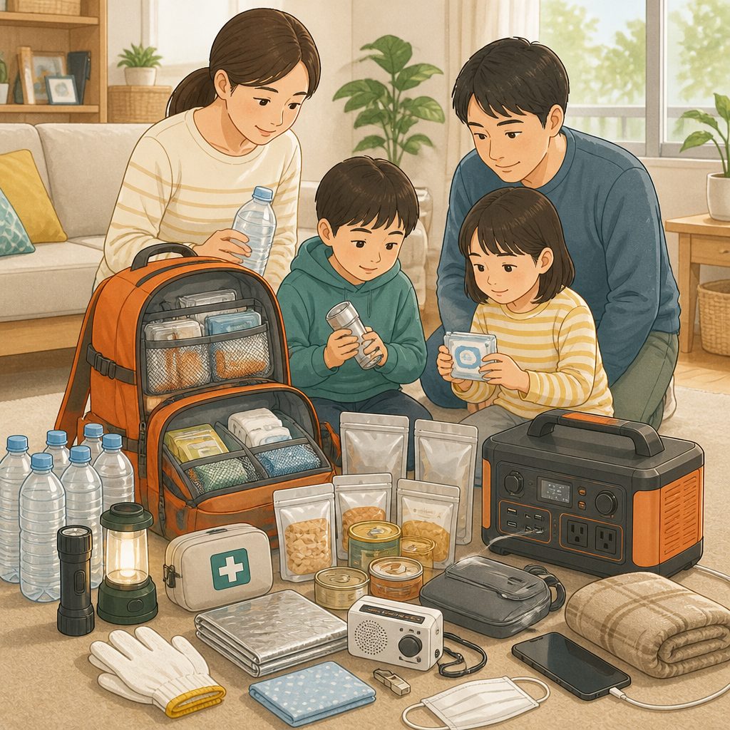 防災リュックの中身|家族4人の最低限セットのイメージイラスト