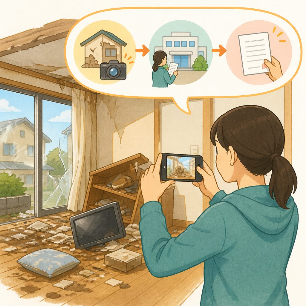 罹災証明書のもらい方|片付ける前に写真を撮るのイメージイラスト