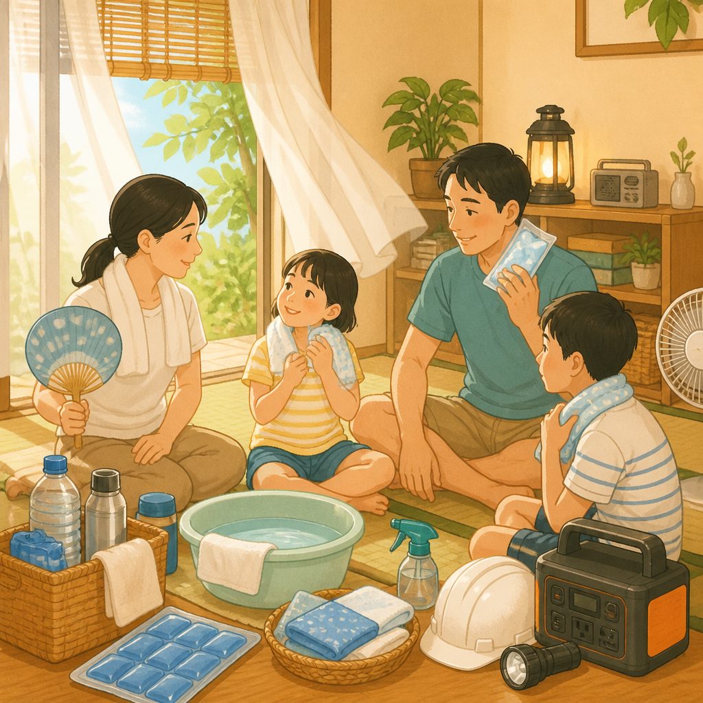 停電で熱中症を防ぐ|エアコンなしで夏を乗り切る備えと手順のイメージイラスト