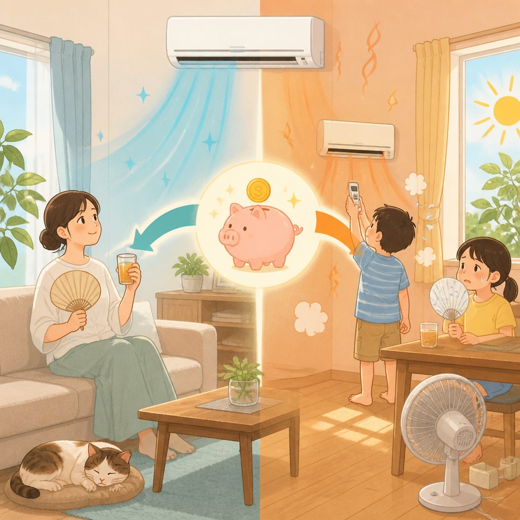 エアコンのつけっぱなしは電気代が安い？夏の試算で比較のイメージイラスト