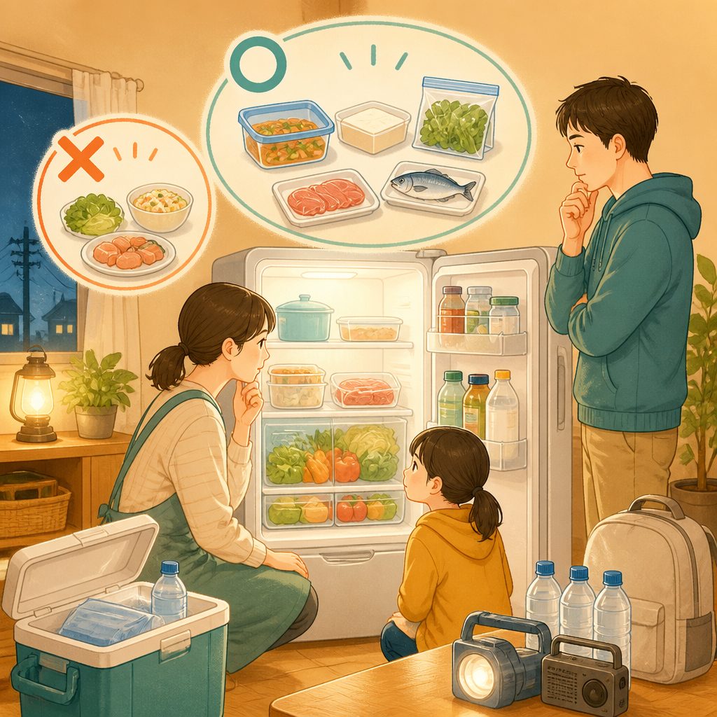 停電後の冷蔵庫、食べていい?捨てる目安と食中毒対策のイメージイラスト