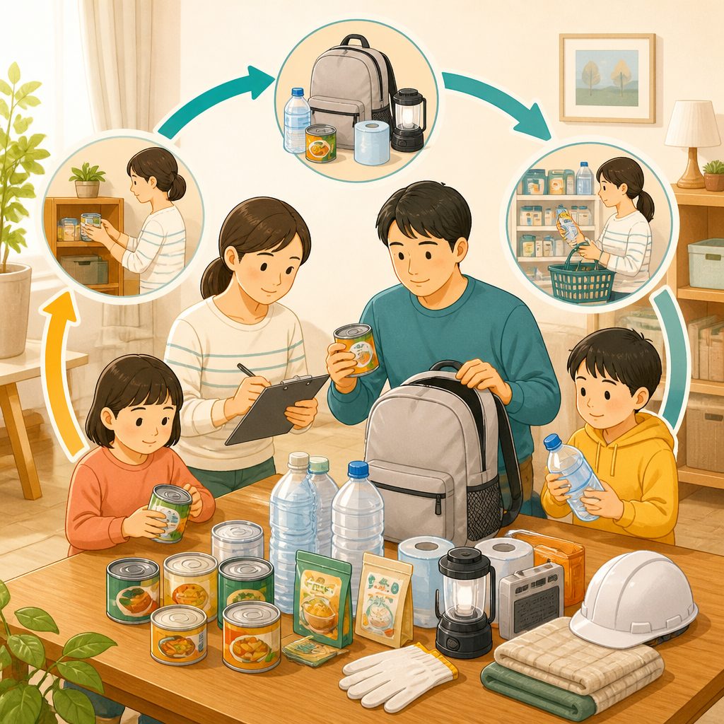 防災の日に備蓄点検|家族の最低ラインとローリングストックのイメージイラスト