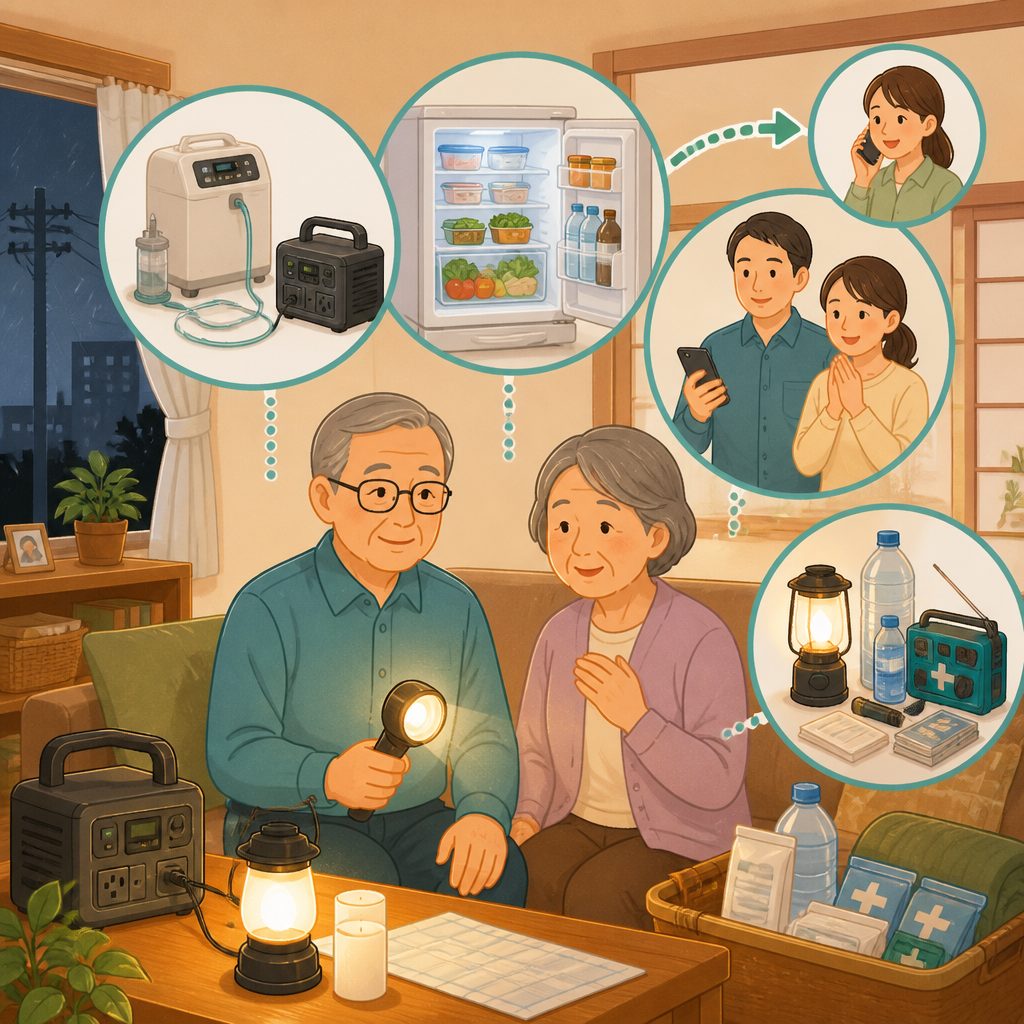 高齢の親の停電対策|医療機器・冷蔵庫・連絡の備え方のイメージイラスト
