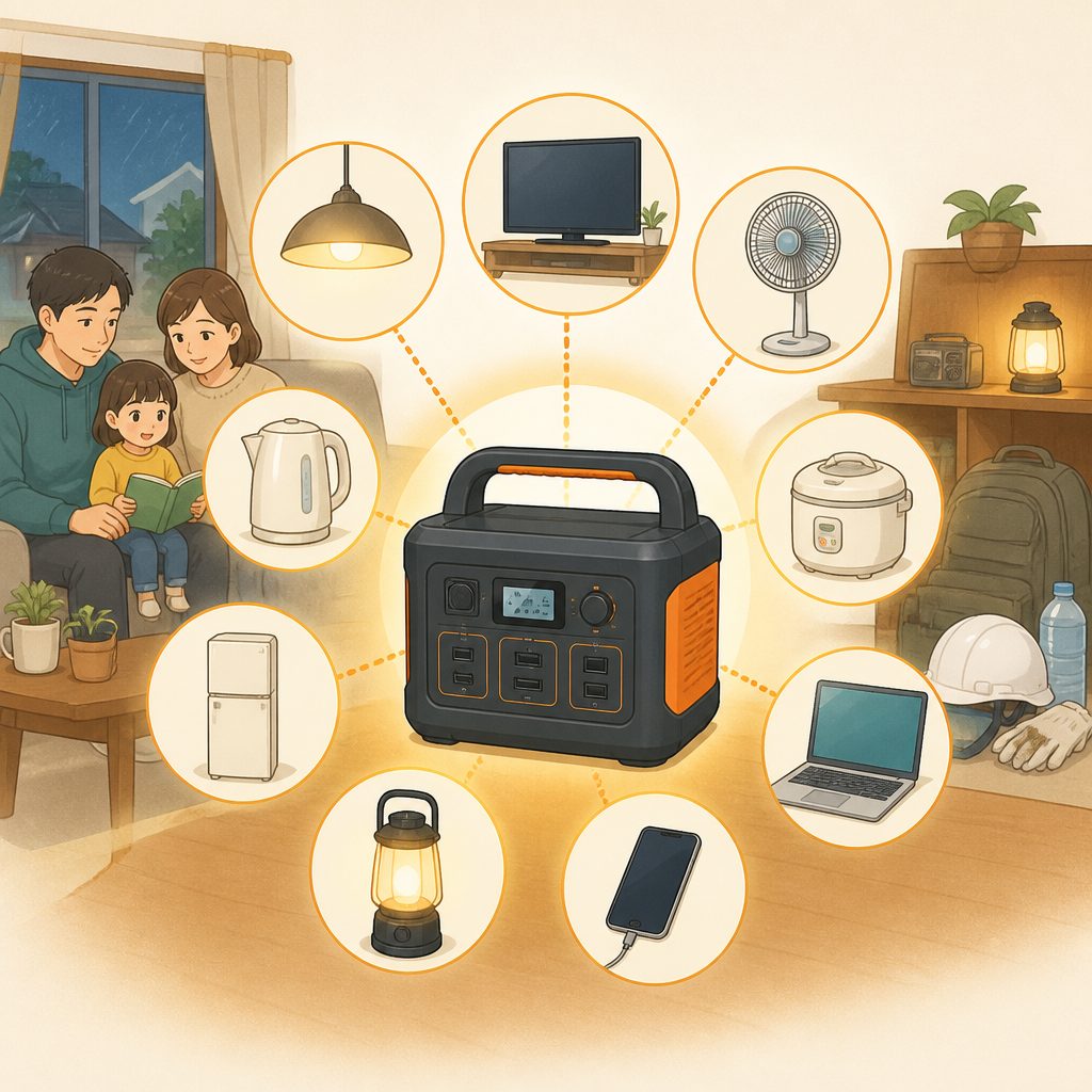 ポータブル電源1000Whで足りる？家電と使用時間の目安のイメージイラスト