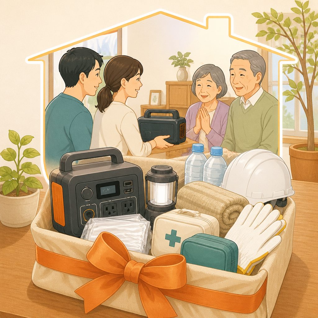 防災グッズのプレゼント選び方|新築祝い・親への贈り物のイメージイラスト