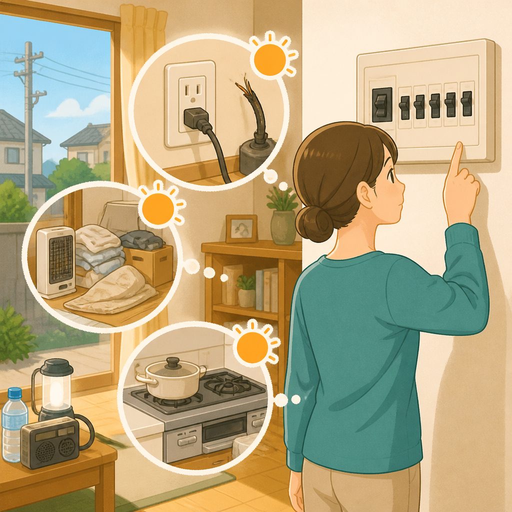 停電が復旧したら通電火災に注意｜ブレーカーを戻す前の3確認のイメージイラスト