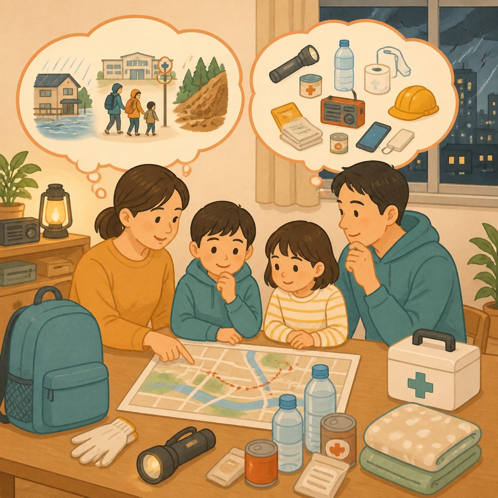 避難のタイミングと持ち物|家族で決めるルールのイメージイラスト