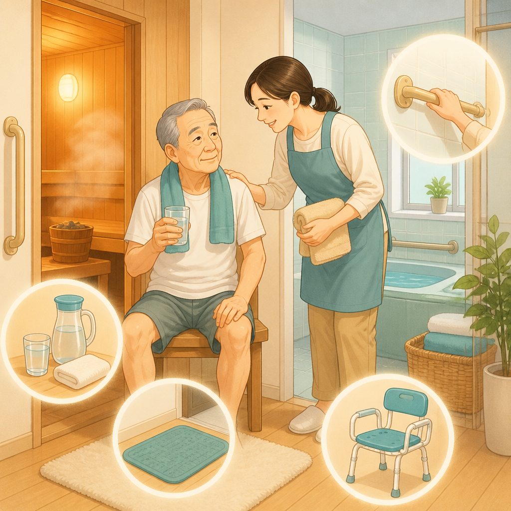 高齢者のサウナ・入浴事故に注意｜脱水と転倒を防ぐのイメージイラスト