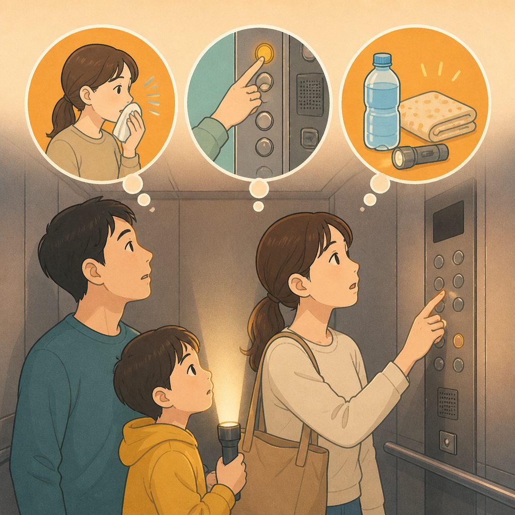 停電でエレベーターに閉じ込められたら｜やること3つと備えのイメージイラスト